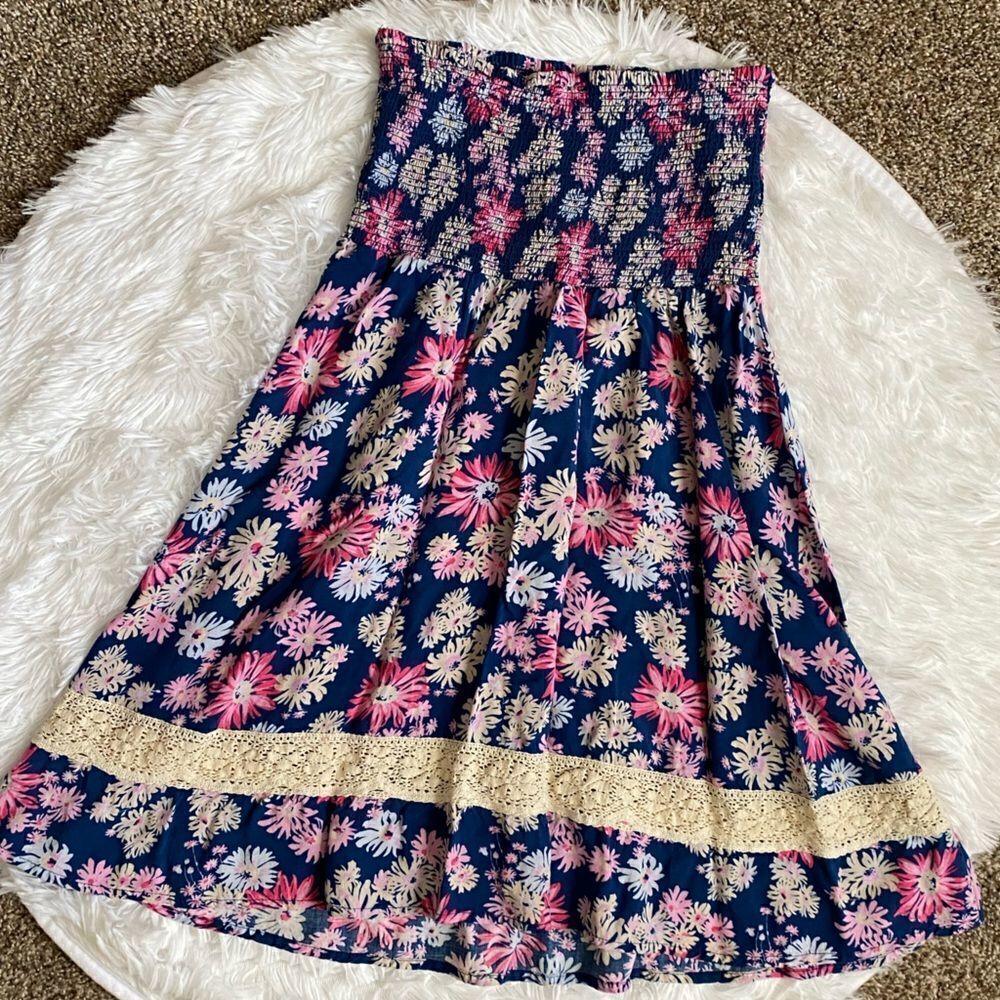 Roxy Floral Strapless Dress Blue Multicolor Elastic Stretchy Top Womens Sz Small
